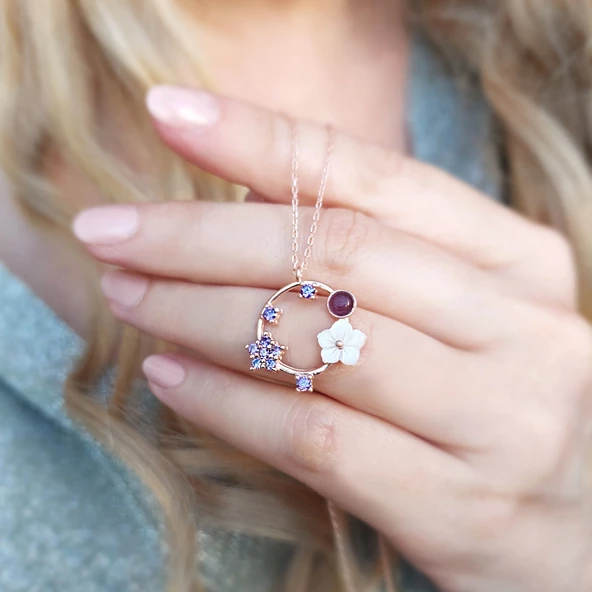 Vaoov 925 Ayar Gümüş Mor Taşlı Sedef Çiçekli Kolye - Resim 2
