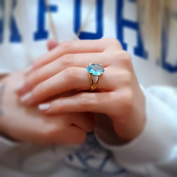 14k Altın Mavi Topaz Taşlı Yüzük - 3
