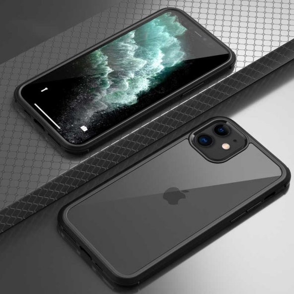Apple iPhone 11 Kılıf Dor Silikon Temperli Cam Kapak - Siyah