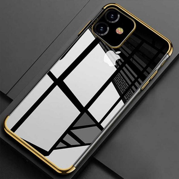 Apple iPhone 11 Kılıf Dört Köşeli Lazer Silikon Kapak - Gold