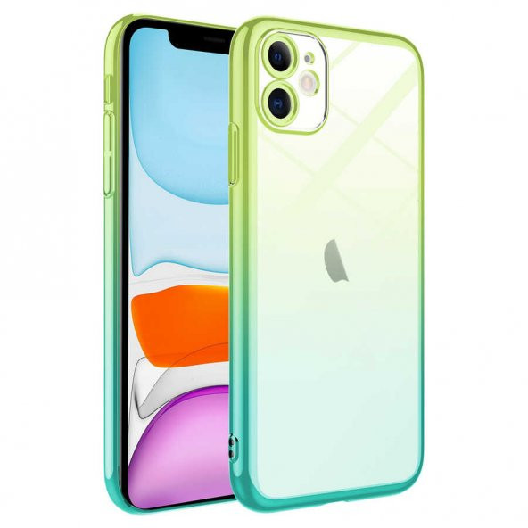 Apple iPhone 11 Kılıf Parlak Renk Geçişli Kamera Korumalı Senkron Kapak - Yeşil-Mavi
