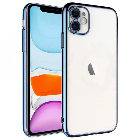Apple iPhone 11 Kılıf Sert PC Renkli Çerçeveli Riksos Kapak - Mavi