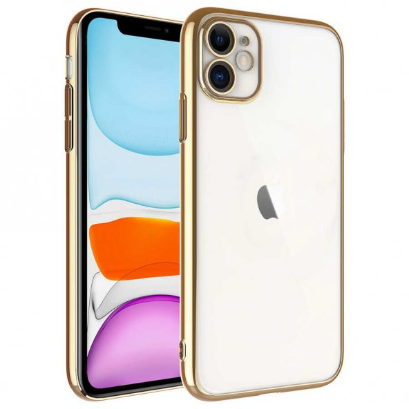 Apple iPhone 11 Kılıf Sert PC Renkli Çerçeveli Riksos Kapak - Gold