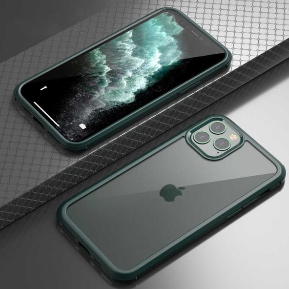 Apple iPhone 11 Pro Kılıf Dor Silikon Temperli Cam Kapak - Koyu Yeşil