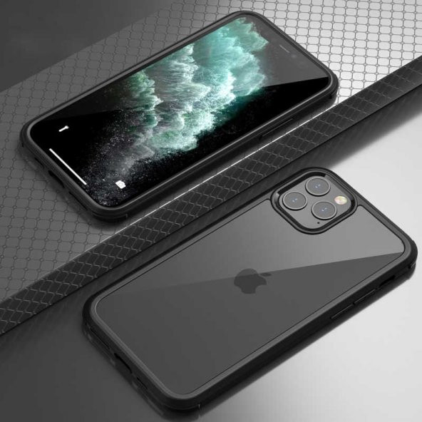 Apple iPhone 11 Pro Kılıf Dor Silikon Temperli Cam Kapak - Siyah