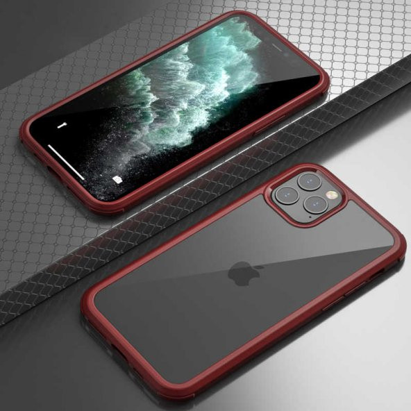 Apple iPhone 11 Pro Kılıf Dor Silikon Temperli Cam Kapak - Kırmızı