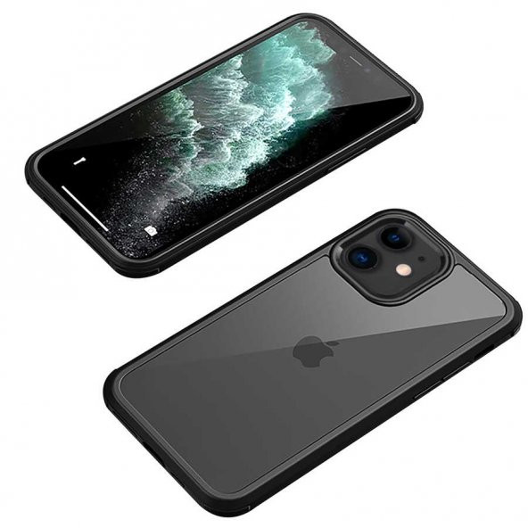 Apple iPhone 12 Kılıf Dor Silikon Temperli Cam Kapak - Siyah