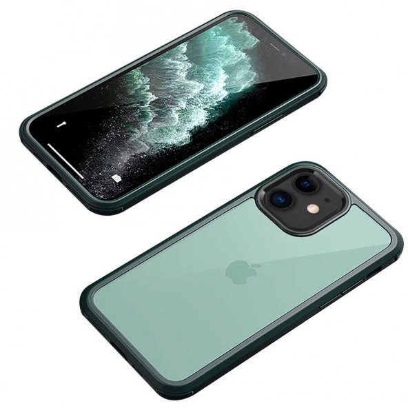 Apple iPhone 12 Kılıf Dor Silikon Temperli Cam Kapak - Koyu Yeşil