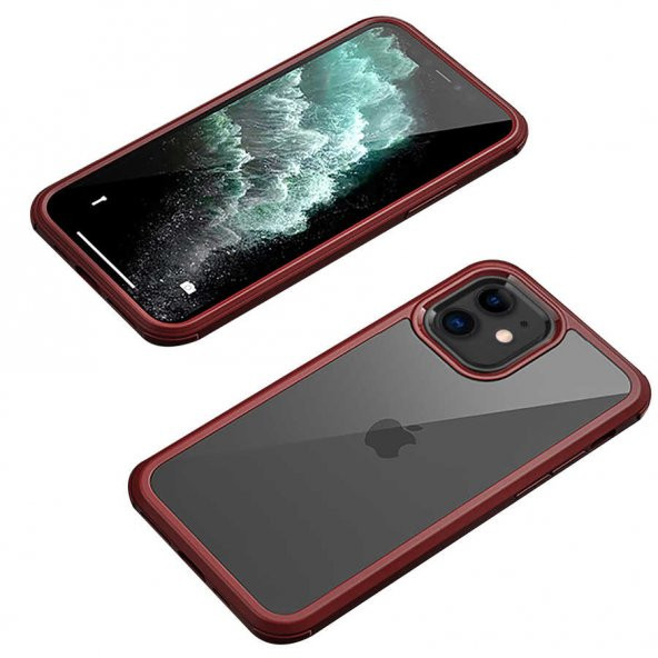 Apple iPhone 12 Kılıf Dor Silikon Temperli Cam Kapak - Kırmızı