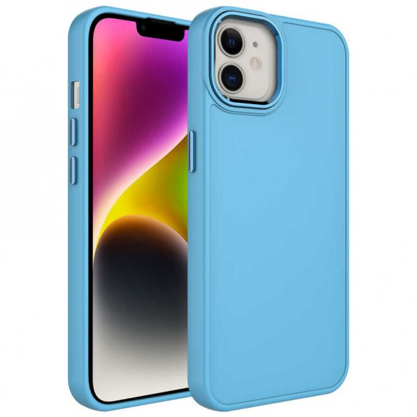 Apple iPhone 12 Kılıf Metal Çerçeve ve Buton Tasarımlı Silikon Luna Kapak - Sierra Mavi
