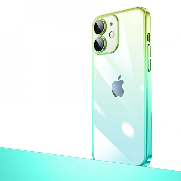 Apple iPhone 12 Kılıf Parlak Renk Geçişli Kamera Korumalı Senkron Kapak - Yeşil-Mavi