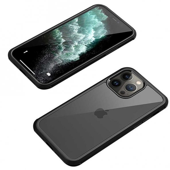 Apple iPhone 12 Pro Kılıf Dor Silikon Temperli Cam Kapak - Siyah