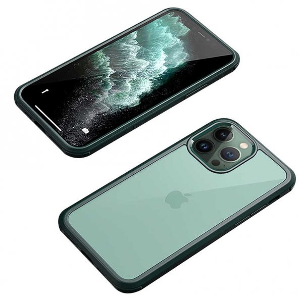 Apple iPhone 12 Pro Kılıf Dor Silikon Temperli Cam Kapak - Koyu Yeşil