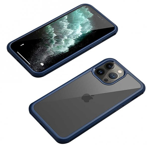 Apple iPhone 12 Pro Kılıf Dor Silikon Temperli Cam Kapak - Lacivert