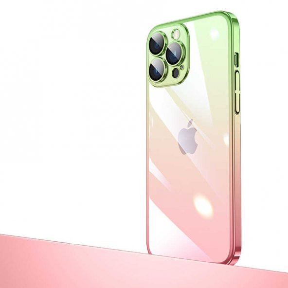 Apple iPhone 12 Pro Kılıf Parlak Renk Geçişli Kamera Korumalı Senkron Kapak - Pembe-Yeşil