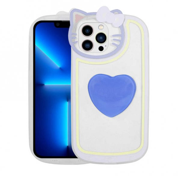 Apple iPhone 12 Pro Max Kılıf Kedi Figürlü Transparan Pop Soketli Ritmik Kapak - Mavi