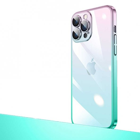 Apple iPhone 12 Pro Max Kılıf Parlak Renk Geçişli Kamera Korumalı Senkron Kapak - Pembe-Mavi