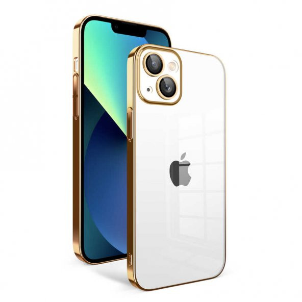 Apple iPhone 13 Kılıf Kamera Korumalı Renkli Çerçeveli Garaj Kapak - Gold
