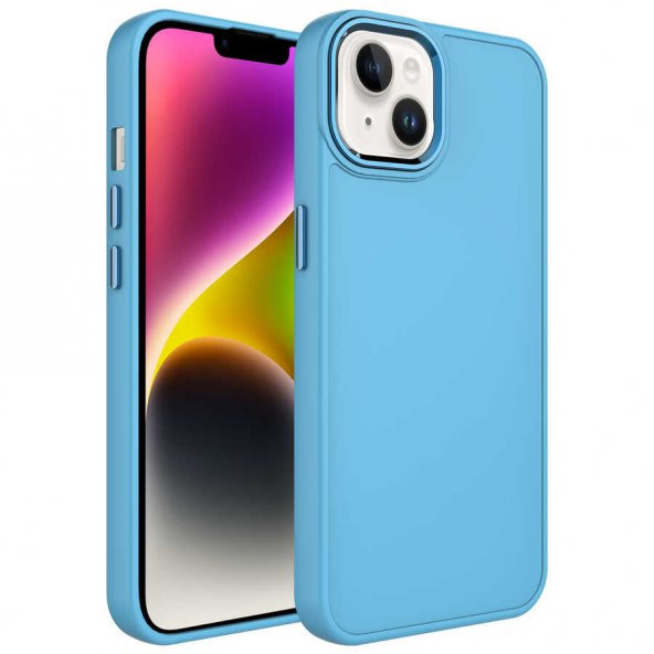 Apple iPhone 13 Kılıf Metal Çerçeve ve Buton Tasarımlı Silikon Luna Kapak - Sierra Mavi