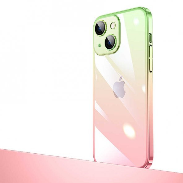 Apple iPhone 13 Kılıf Parlak Renk Geçişli Kamera Korumalı Senkron Kapak - Pembe-Yeşil