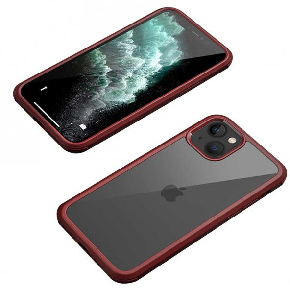 Apple iPhone 13 Mini Kılıf Dor Silikon Temperli Cam Kapak - Kırmızı