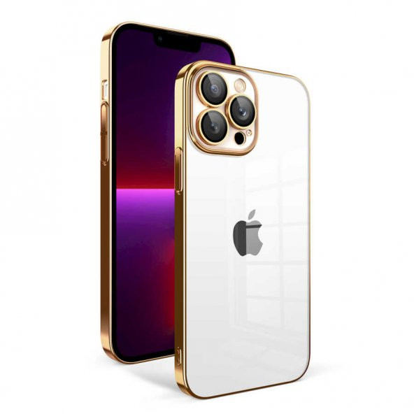Apple iPhone 13 Pro Kılıf Kamera Korumalı Renkli Çerçeveli Garaj Kapak - Gold