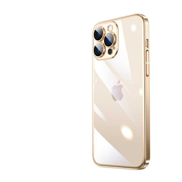 Apple iPhone 13 Pro Kılıf Sert PC Renkli Çerçeveli Riksos Kapak - Gold
