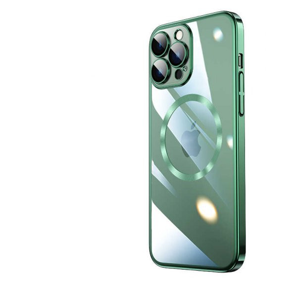 Apple iPhone 13 Pro Kılıf Wireless Şarj Özellikli Sert PC Riksos Magsafe Kapak - Koyu Yeşil
