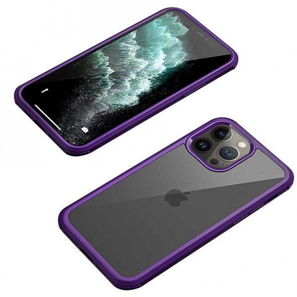 Apple iPhone 13 Pro Max Kılıf Dor Silikon Temperli Cam Kapak - Mor