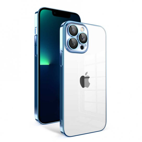 Apple iPhone 13 Pro Max Kılıf Kamera Korumalı Renkli Çerçeveli Garaj Kapak - Mavi Açık