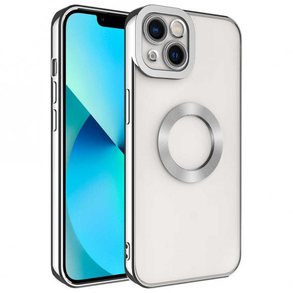 Apple iPhone 14 Kılıf Kamera Korumalı Logo Gösteren Omega Kapak - Gümüş