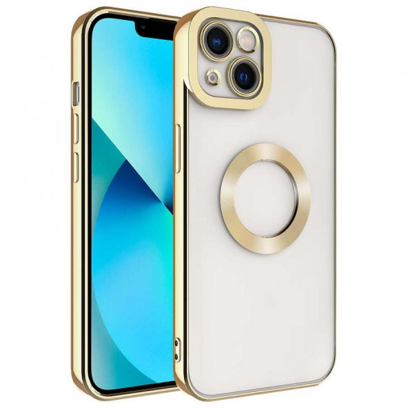 Apple iPhone 14 Kılıf Kamera Korumalı Logo Gösteren Omega Kapak - Gold