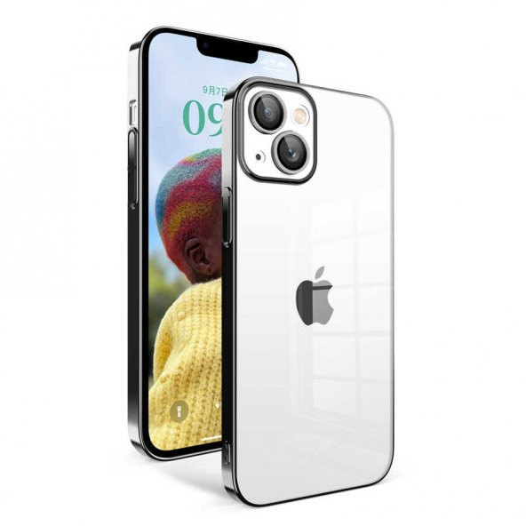 Apple iPhone 14 Kılıf Kamera Korumalı Renkli Çerçeveli Garaj Kapak - Siyah