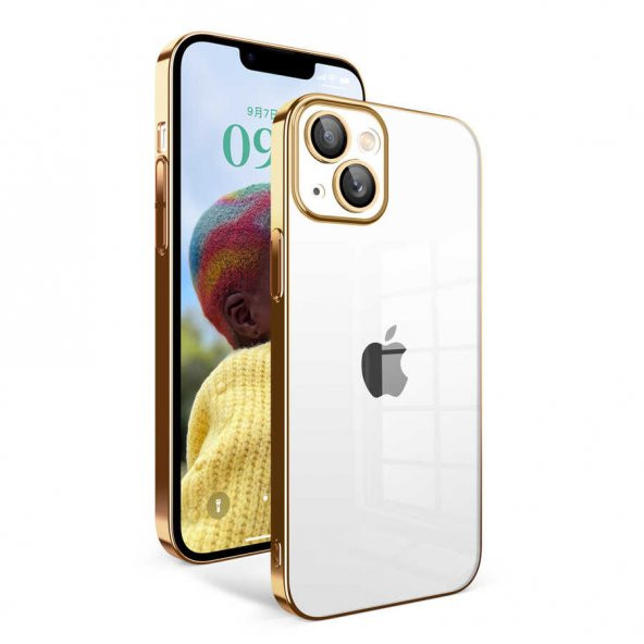 Apple iPhone 14 Kılıf Kamera Korumalı Renkli Çerçeveli Garaj Kapak - Gold