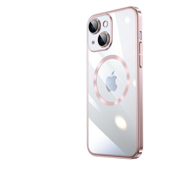 Apple iPhone 14 Kılıf Wireless Şarj Özellikli Sert PC Riksos Magsafe Kapak - Rose Gold