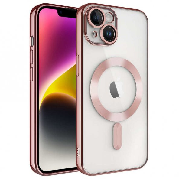 Apple iPhone 14 Plus Kılıf Kamera Korumalı Magsafe Wireless Şarj Özellikli Demre Kapak - Rose Gold