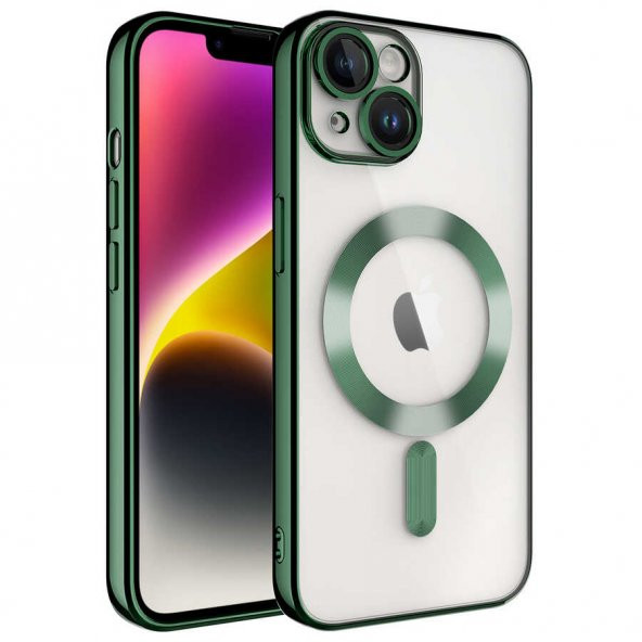 Apple iPhone 14 Plus Kılıf Kamera Korumalı Magsafe Wireless Şarj Özellikli Demre Kapak - Koyu Yeşil