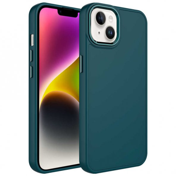 Apple iPhone 14 Plus Kılıf Metal Çerçeve ve Buton Tasarımlı Silikon Luna Kapak - Koyu Yeşil