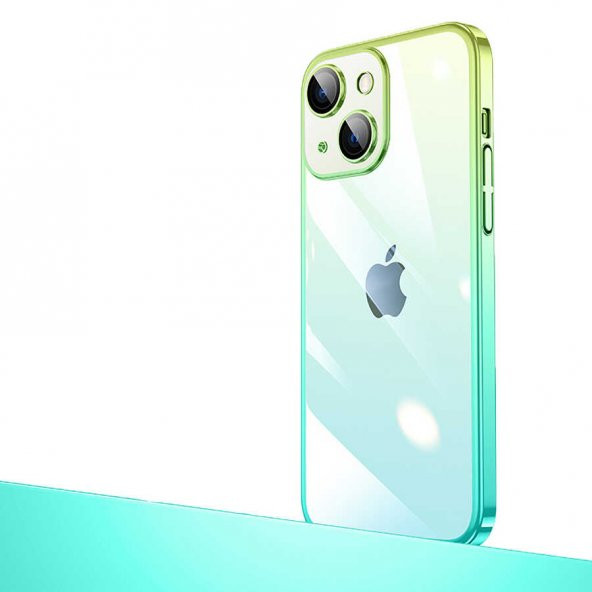 Apple iPhone 14 Plus Kılıf Parlak Renk Geçişli Kamera Korumalı Senkron Kapak - Yeşil-Mavi