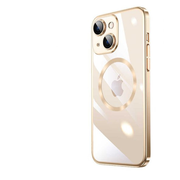 Apple iPhone 14 Plus Kılıf Wireless Şarj Özellikli Sert PC Riksos Magsafe Kapak - Gold