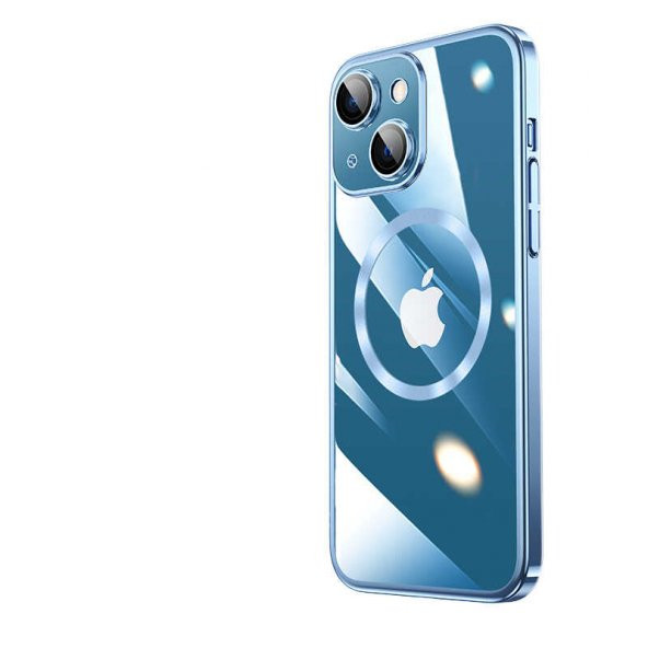 Apple iPhone 14 Plus Kılıf Wireless Şarj Özellikli Sert PC Riksos Magsafe Kapak - Mavi