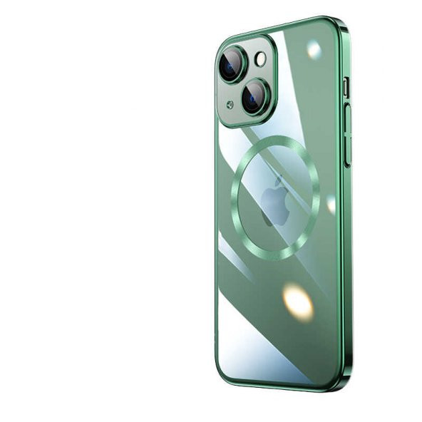 Apple iPhone 14 Plus Kılıf Wireless Şarj Özellikli Sert PC Riksos Magsafe Kapak - Koyu Yeşil