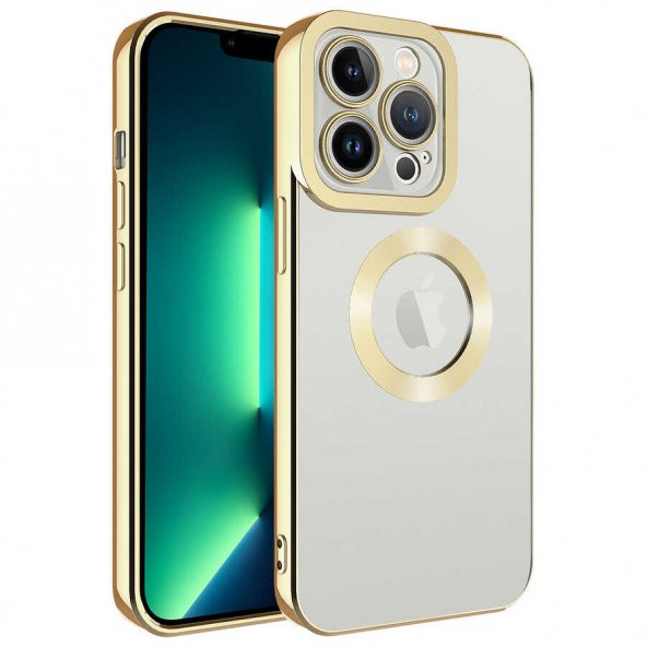 Apple iPhone 14 Pro Kılıf Kamera Korumalı Logo Gösteren Omega Kapak - Gold