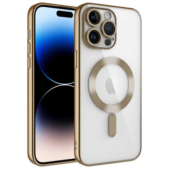 Apple iPhone 14 Pro Kılıf Kamera Korumalı Magsafe Wireless Şarj Özellikli Demre Kapak - Gold