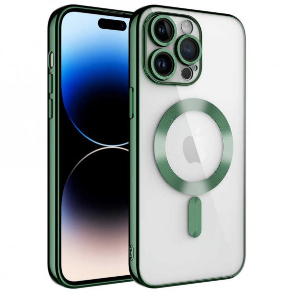 Apple iPhone 14 Pro Kılıf Kamera Korumalı Magsafe Wireless Şarj Özellikli Demre Kapak - Koyu Yeşil