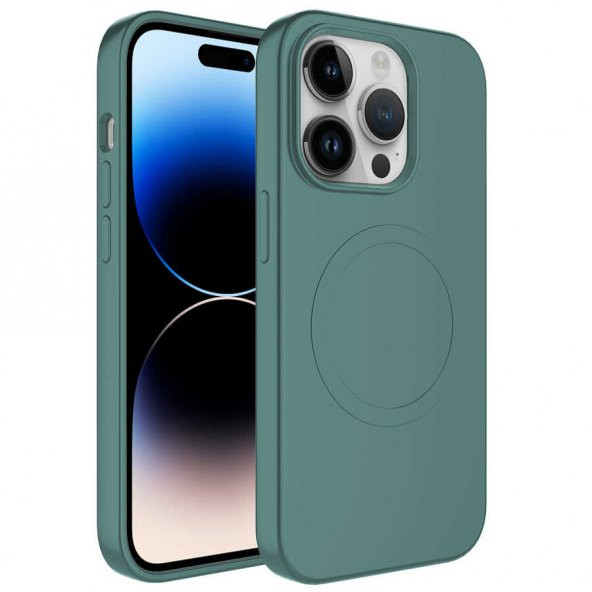 Apple iPhone 14 Pro Kılıf Magsafe Wireless Şarj Özellikli Pastel Renk Silikon Plas Kapak - Koyu Yeşil