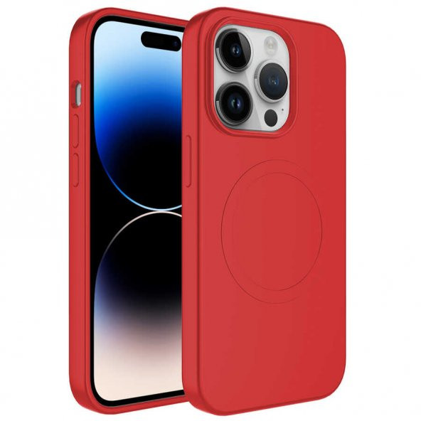 Apple iPhone 14 Pro Kılıf Magsafe Wireless Şarj Özellikli Pastel Renk Silikon Plas Kapak - Kırmızı