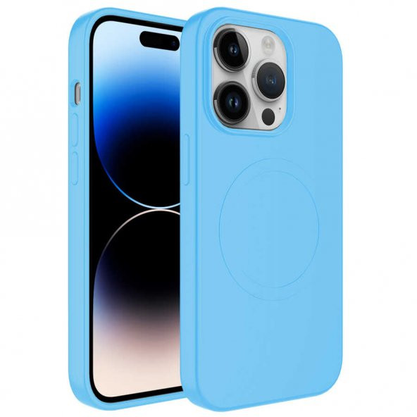 Apple iPhone 14 Pro Kılıf Magsafe Wireless Şarj Özellikli Pastel Renk Silikon Plas Kapak - Mavi Açık