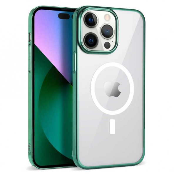 Apple iPhone 14 Pro Kılıf Wireless Şarj Özellikli Pixel Magsafe Kapak - Koyu Yeşil