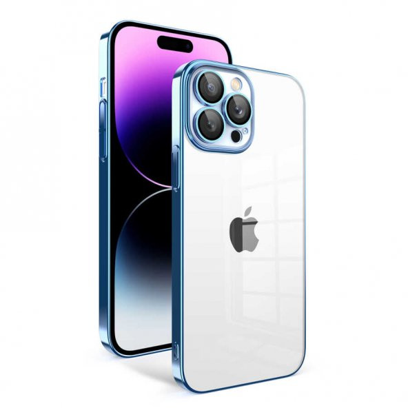 Apple iPhone 14 Pro Max Kılıf Kamera Korumalı Renkli Çerçeveli Garaj Kapak - Mavi Açık